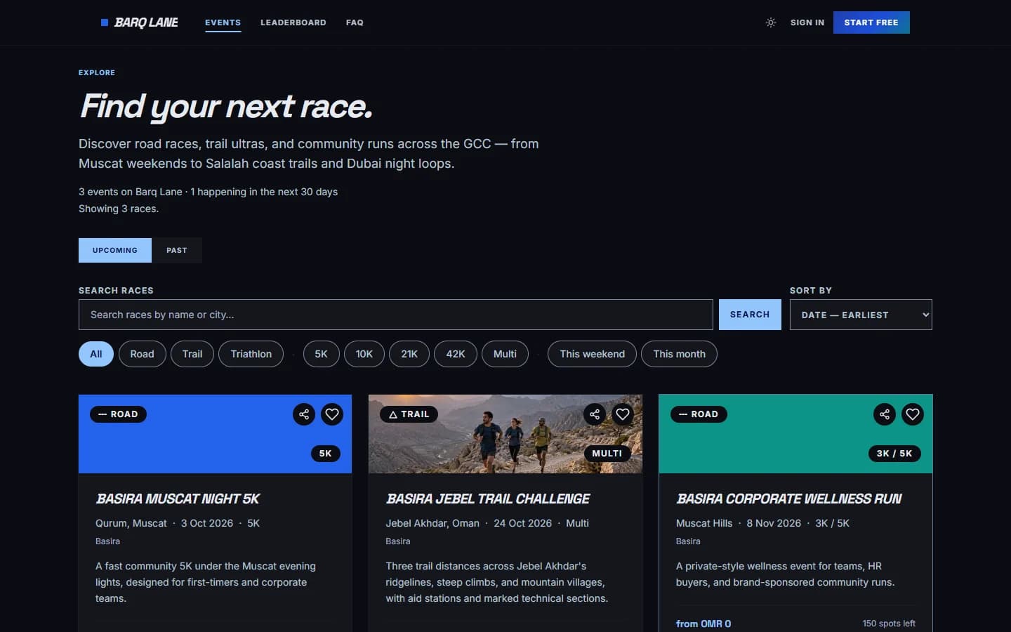 Barq Lane race discovery page with filters and three demo events