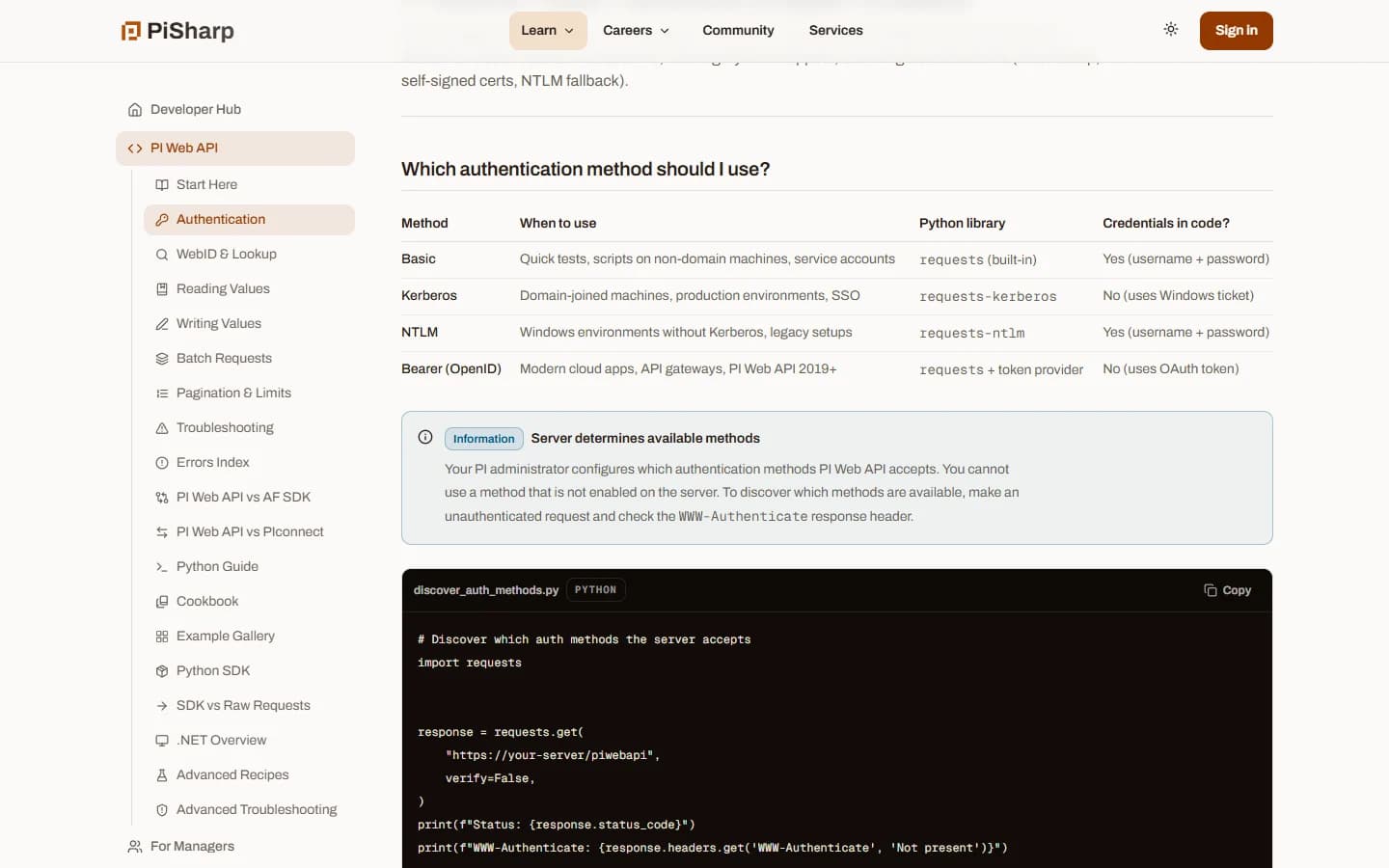 PiSharp Developer Hub guide comparing PI Web API authentication methods, with a Python example