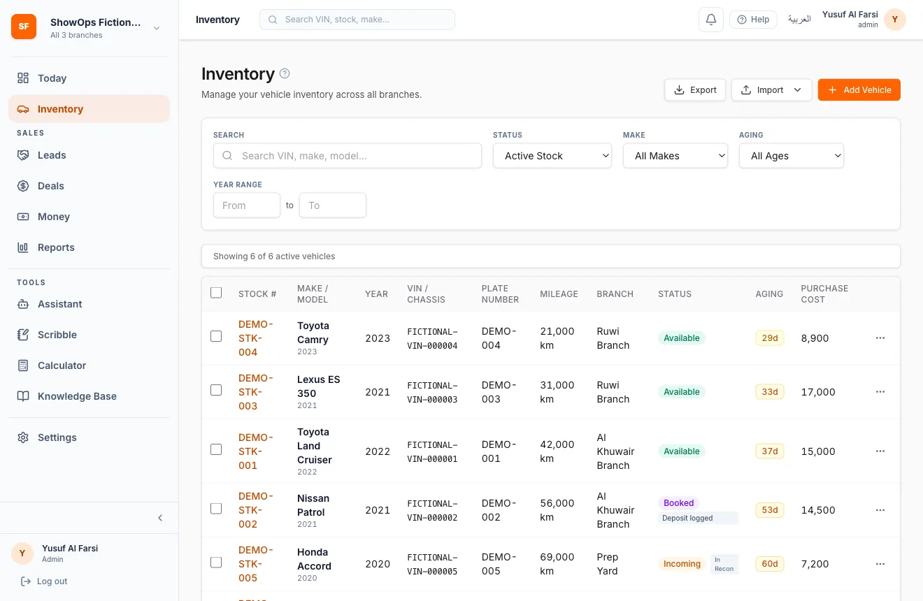 ShowOps inventory table with demo vehicles