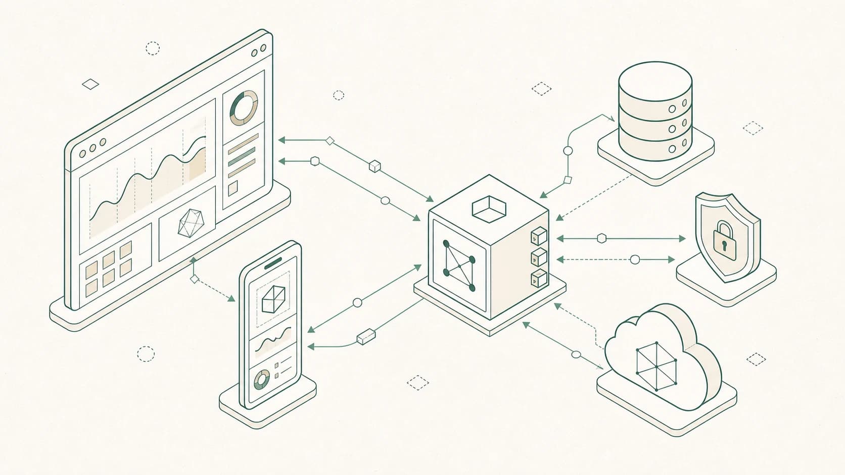 Isometric technical illustration for Custom Software & Web Apps