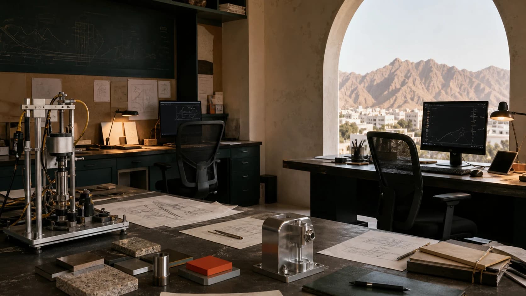 Editorial illustration of a small engineering studio in Muscat