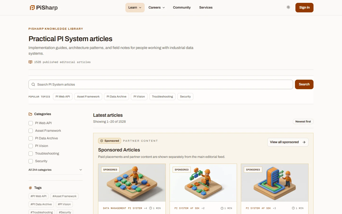 PiSharp article library with search, topics and categories