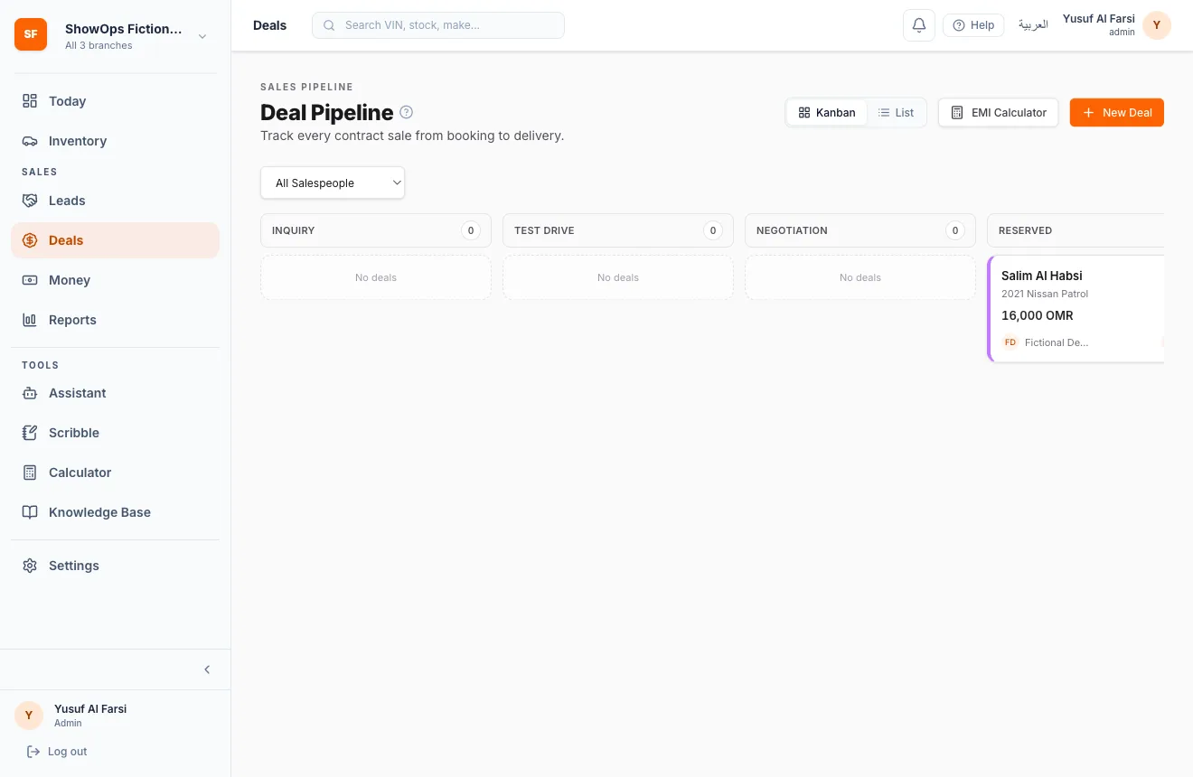 ShowOps deal pipeline kanban with a demo deal