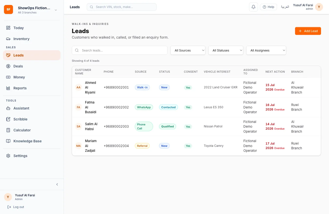ShowOps leads list with fictional customers